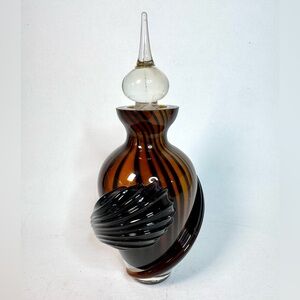 Vintage Art Glass Perfume Bottle – Murano Style Amber & Black – Hand Blown – 7”